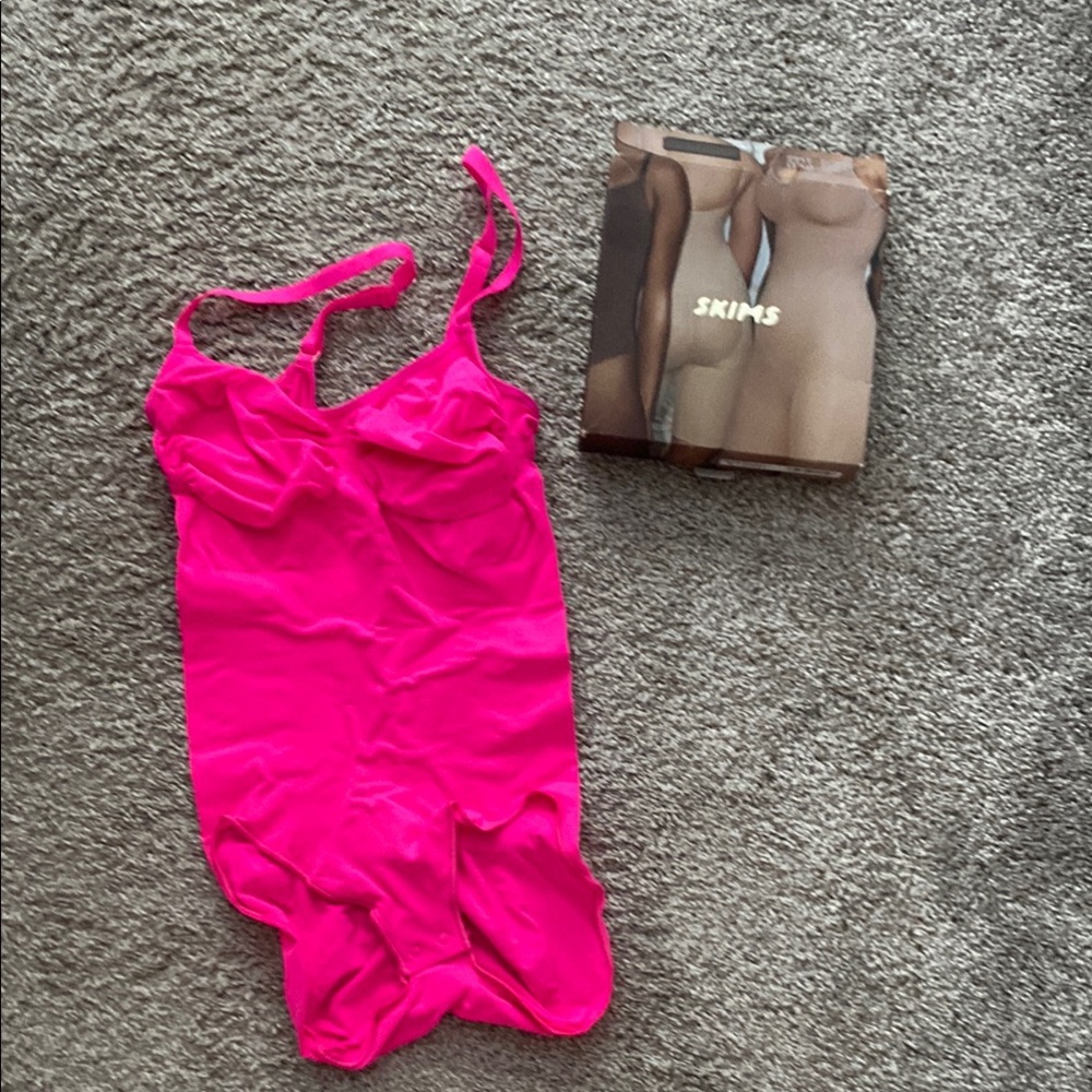 SKIMS Pink Bodysuit with Ruffled Cut-Out Design